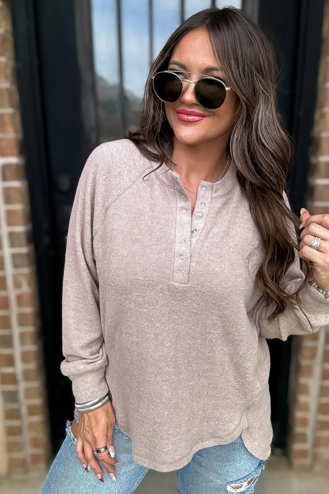 Exhale Ash Mocha Brushed Melange Hacci Oversized Henley Sweater