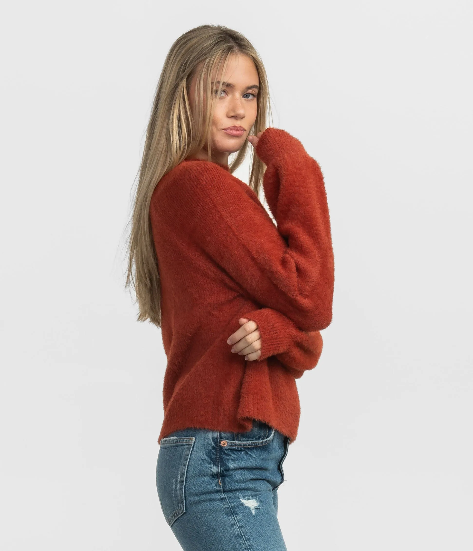 Feather Knit Mockneck Sweater - Burnt Henna