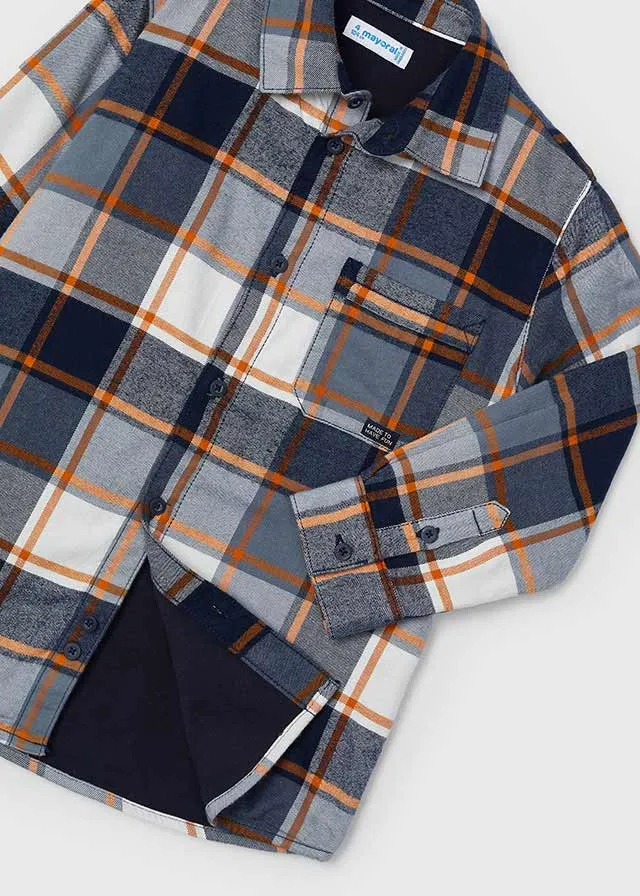 Flannel-Lined Overshirt, Blue/Orange Plaid, 4107