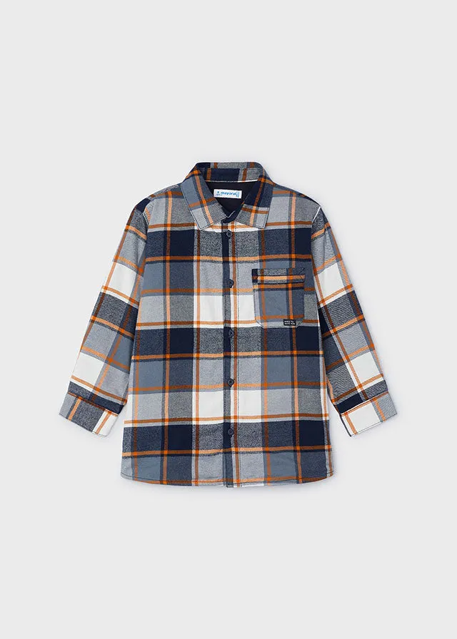 Flannel-Lined Overshirt, Blue/Orange Plaid, 4107