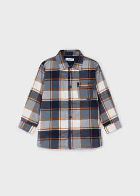 Flannel-Lined Overshirt, Blue/Orange Plaid, 4107