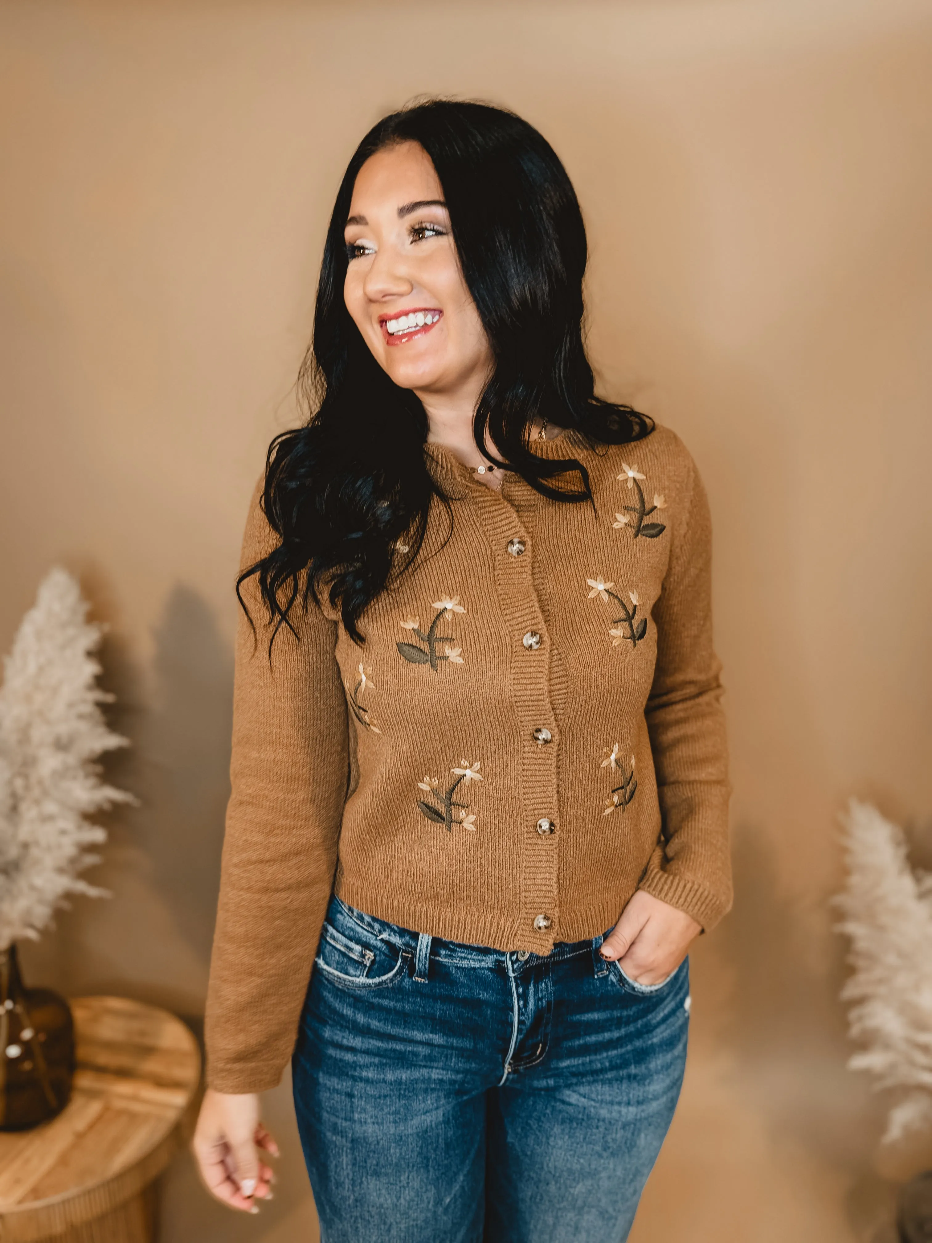 Floral Embroidered Cardigan - Brown