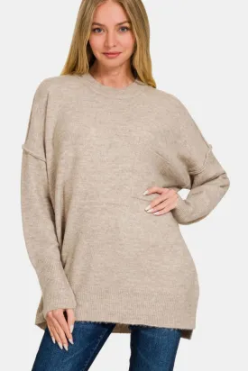 High-Low Hem Drop Shoulder Sweater - Mocha