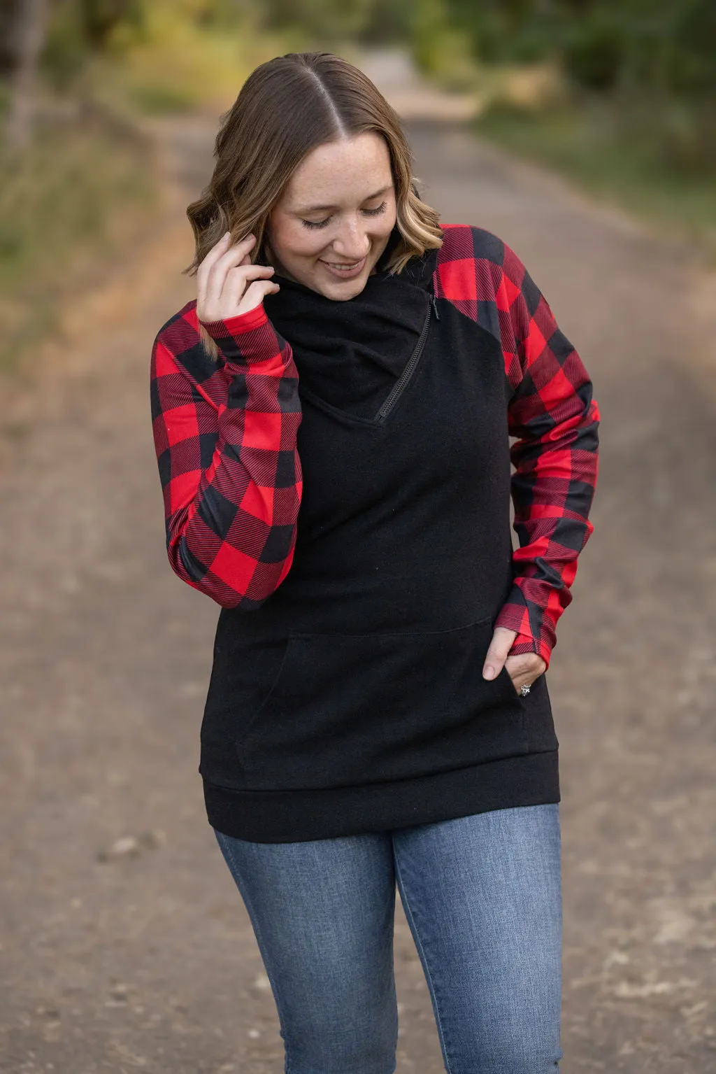 IN STOCK Zoey ZipCowl - Black and Buffalo Plaid