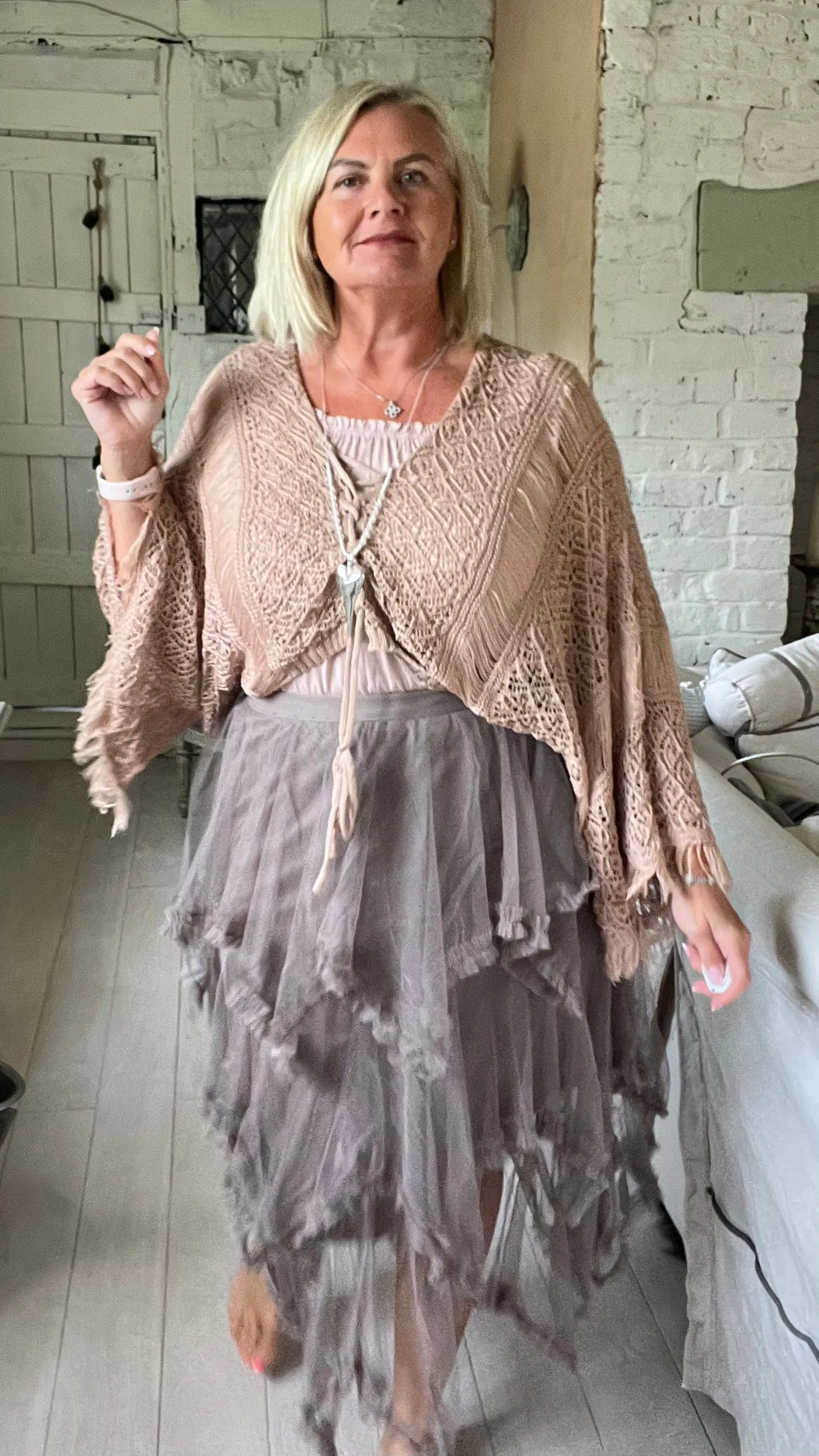 Ischia Boho Antique Lace Knit Overlay Jumper free size in Dusky Pink