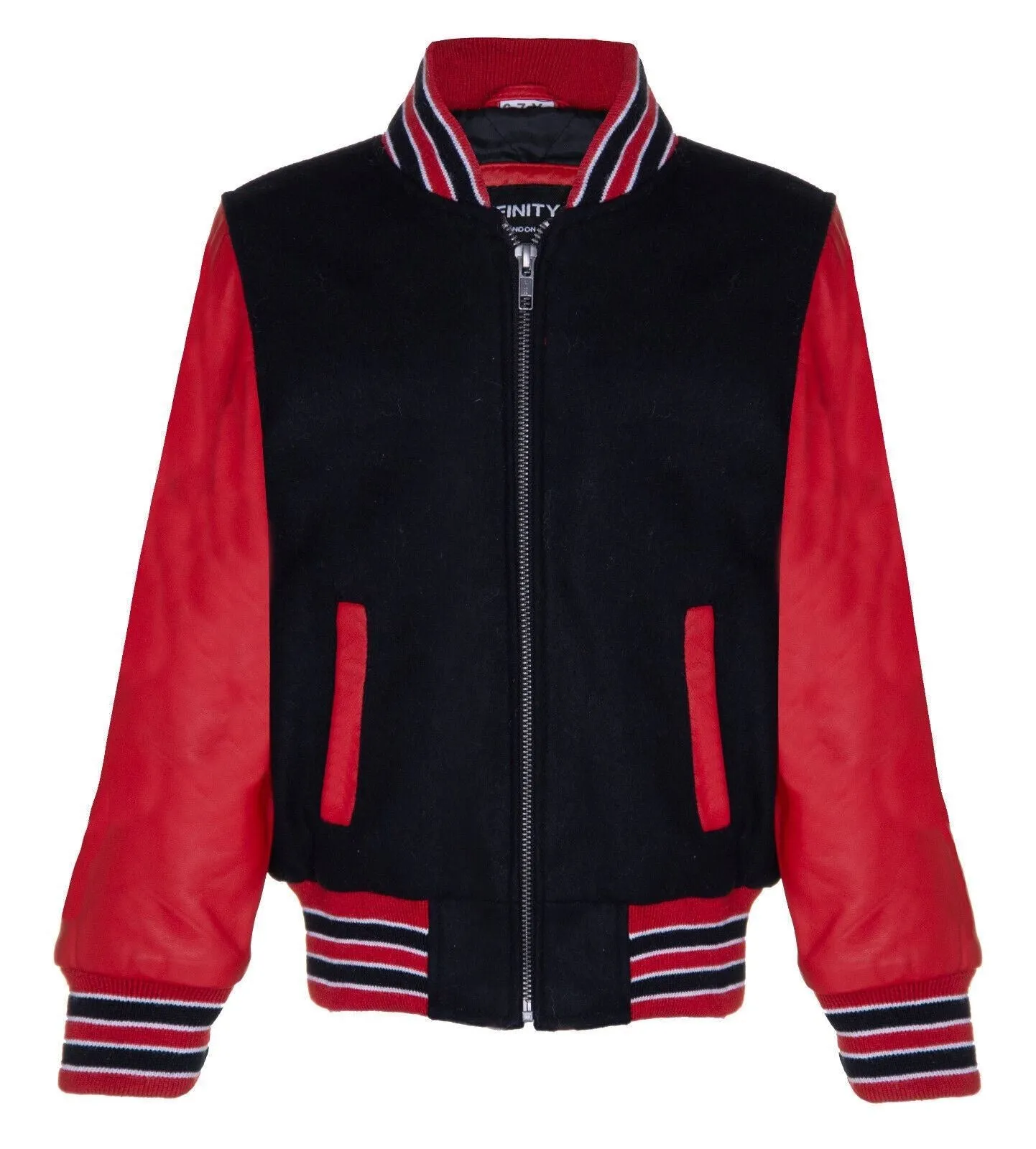 Kids Black Red Varsity Bomber Jacket Wool Body Real Leather Sleeves