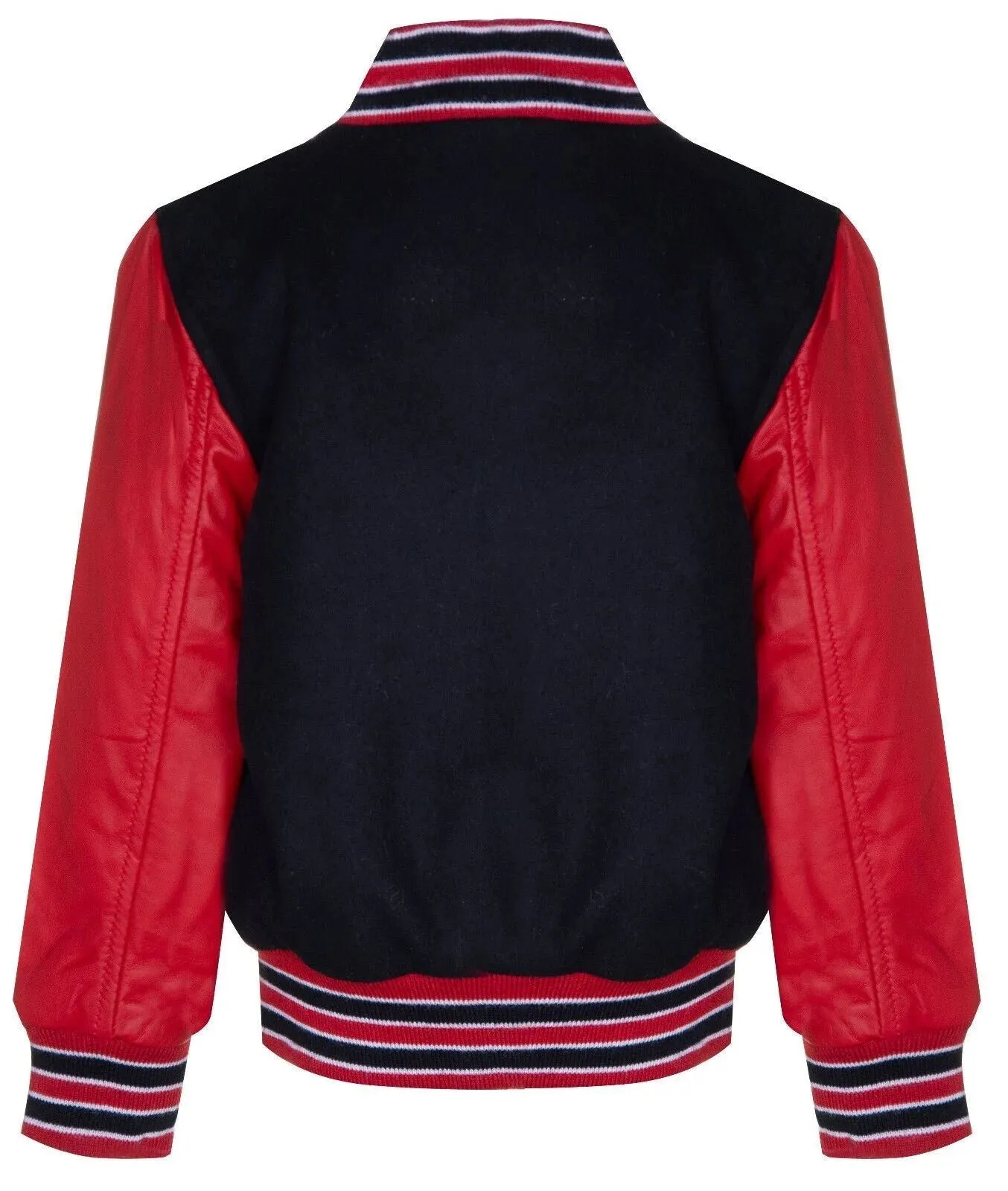 Kids Black Red Varsity Bomber Jacket Wool Body Real Leather Sleeves