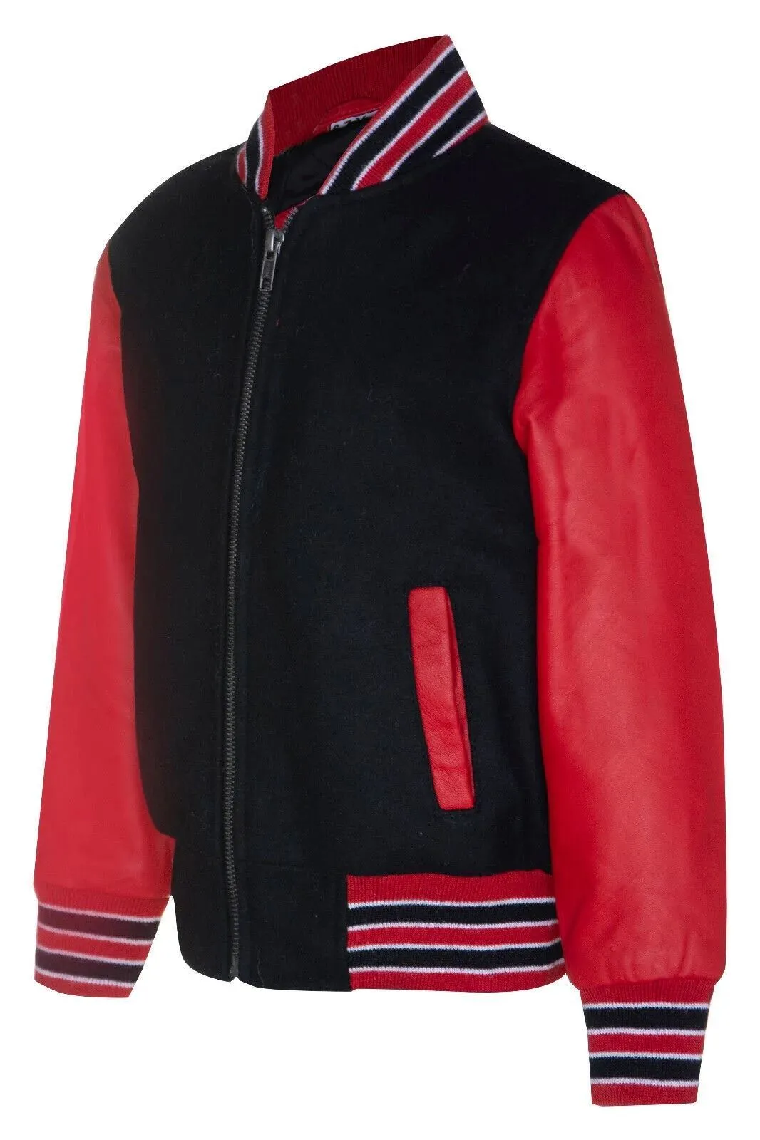 Kids Black Red Varsity Bomber Jacket Wool Body Real Leather Sleeves