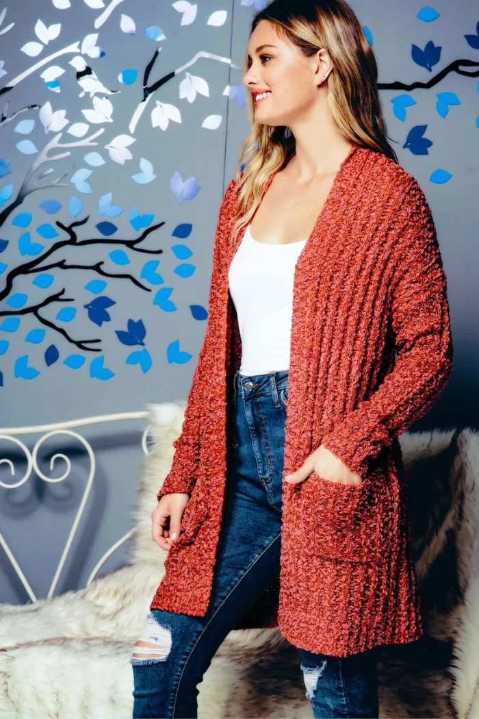 Light popcorn knit long cardigan