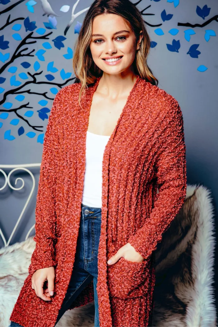 Light popcorn knit long cardigan