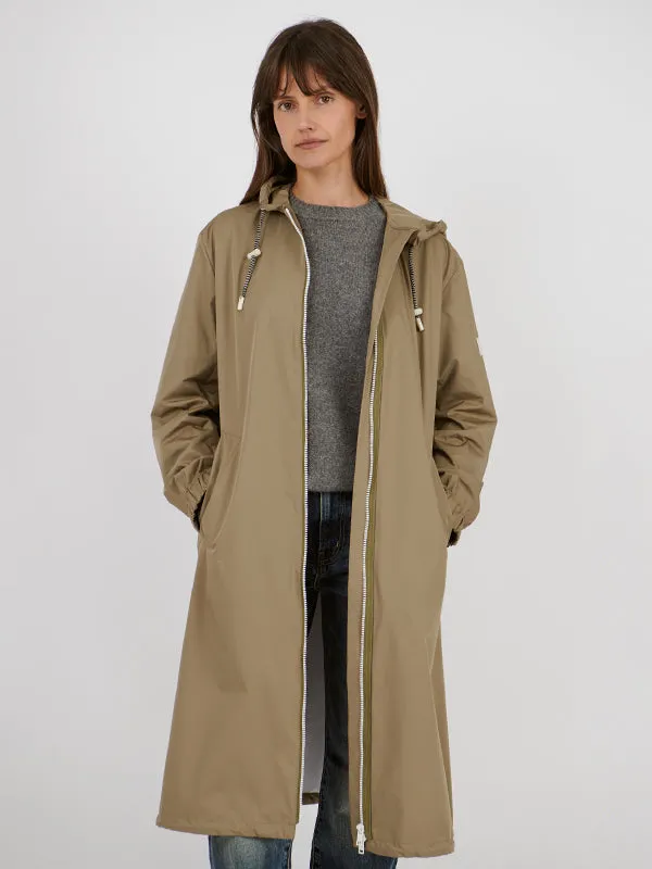 Long Belted Waterpoof Jacket in Mid Khaki