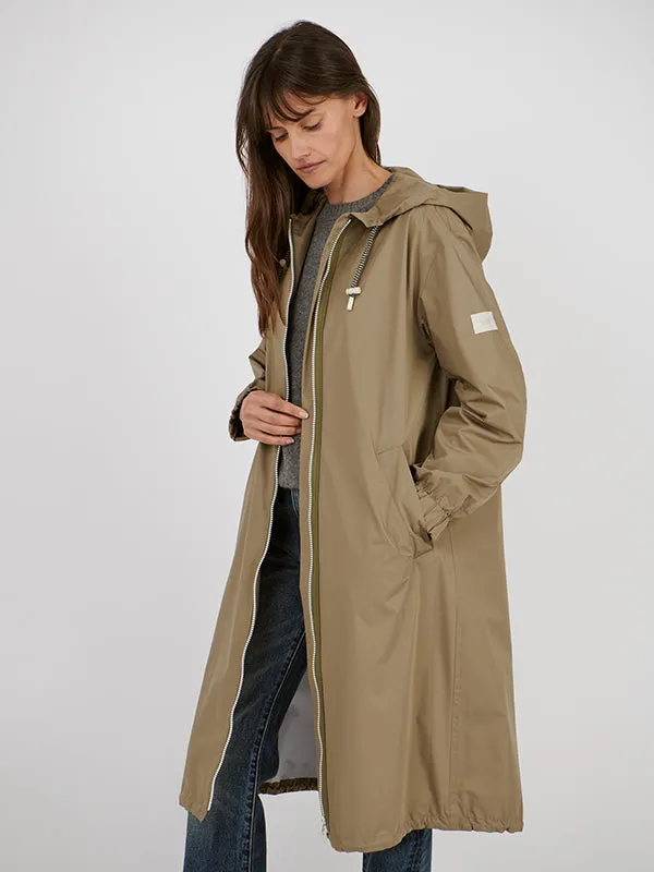 Long Belted Waterpoof Jacket in Mid Khaki