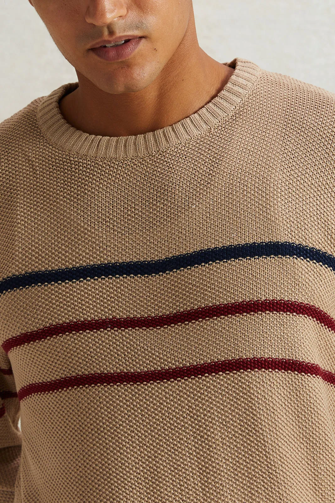 Men Beige Striped Pullover