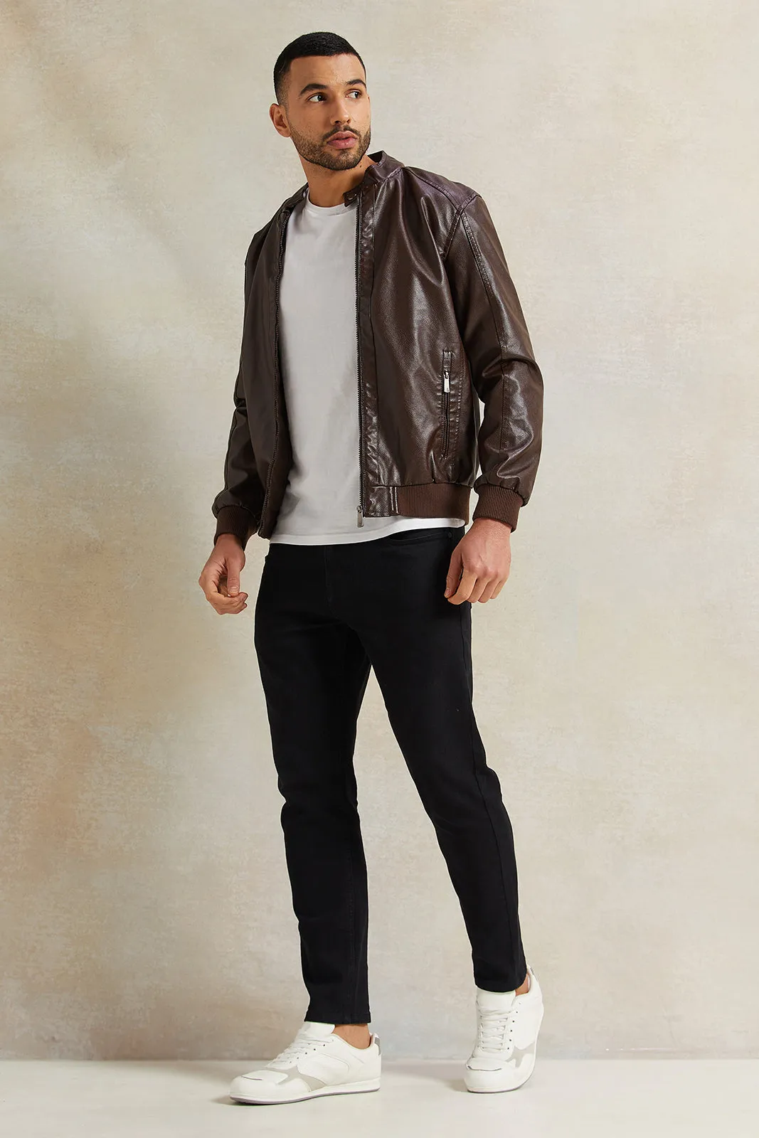 Men Brown Fux Leather Biker Jacket