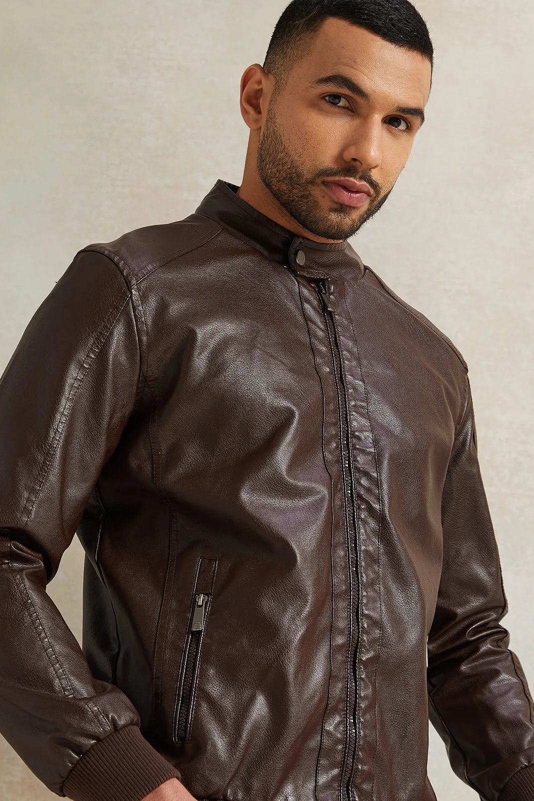 Men Brown Fux Leather Biker Jacket