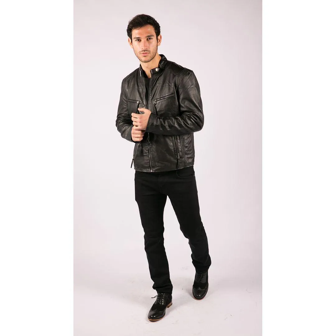 Mens Real Leather Jacket Biker Style Vintage Black Zipped Pockets Casual Fitted