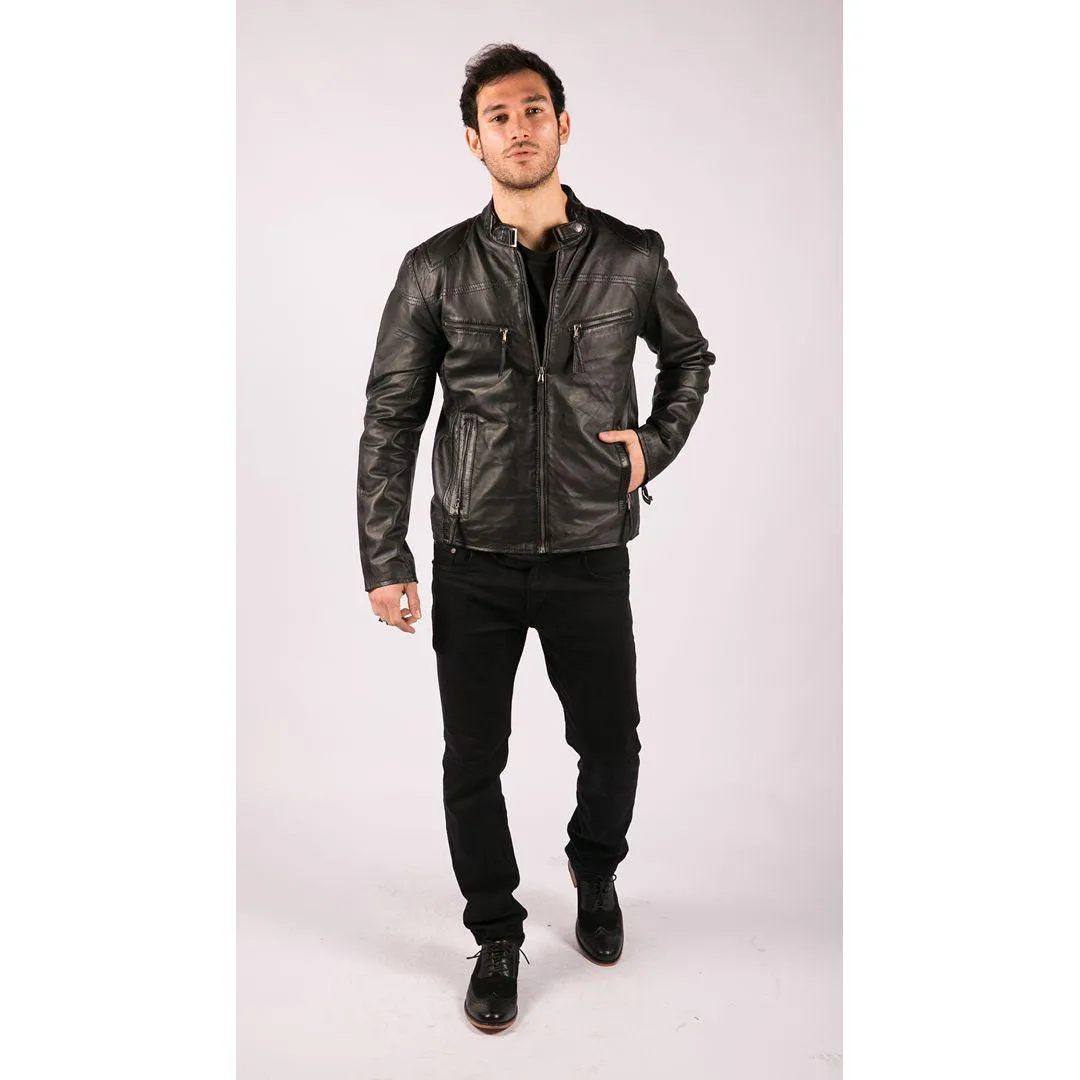 Mens Real Leather Jacket Biker Style Vintage Black Zipped Pockets Casual Fitted