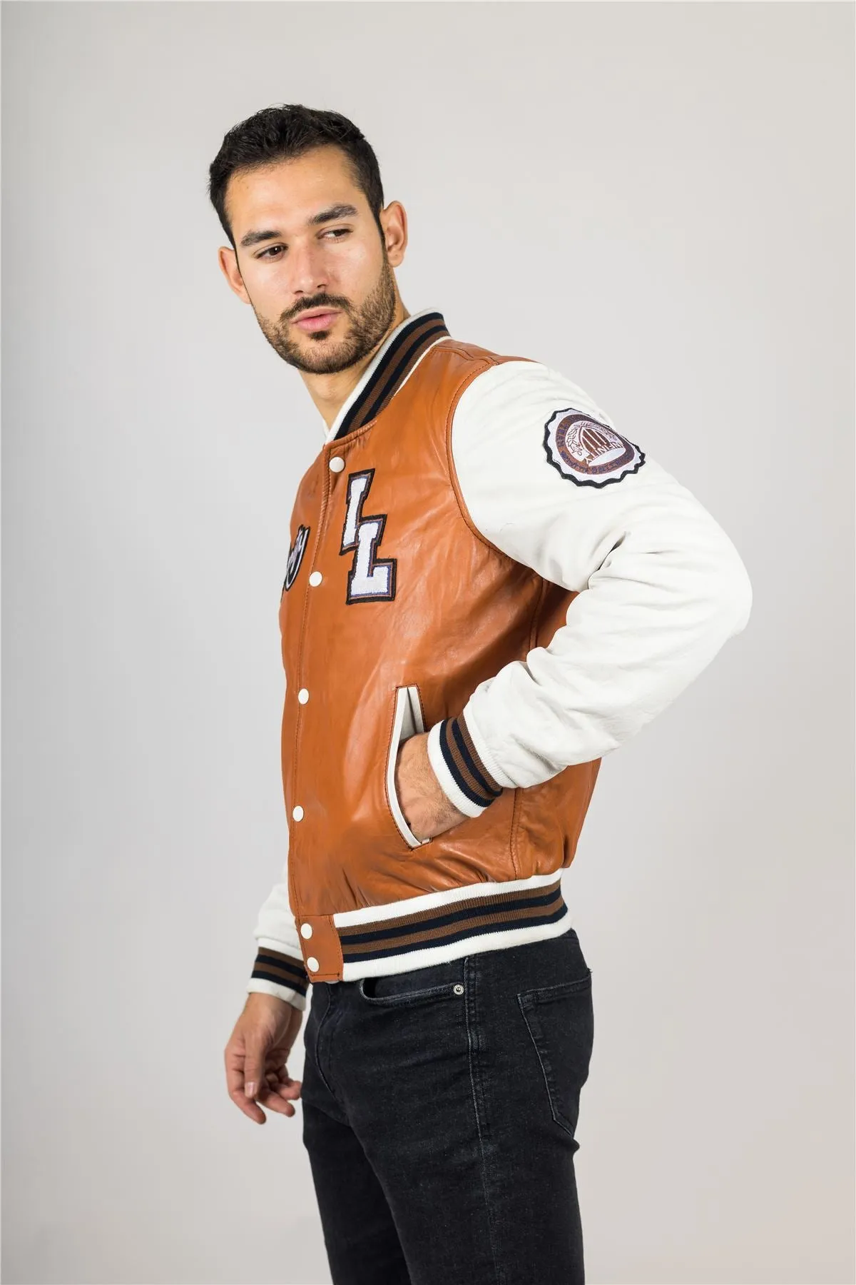 Men's Tan Brown Genuine Leather Bomber Jacket Baseball Letterman Coat