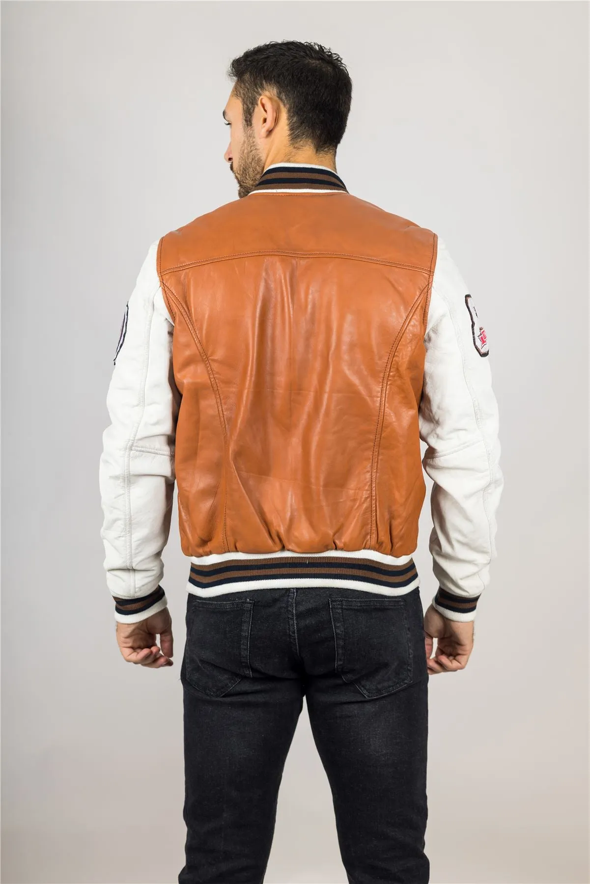 Men's Tan Brown Genuine Leather Bomber Jacket Baseball Letterman Coat