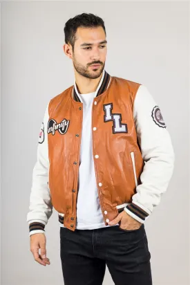 Men's Tan Brown Genuine Leather Bomber Jacket Baseball Letterman Coat