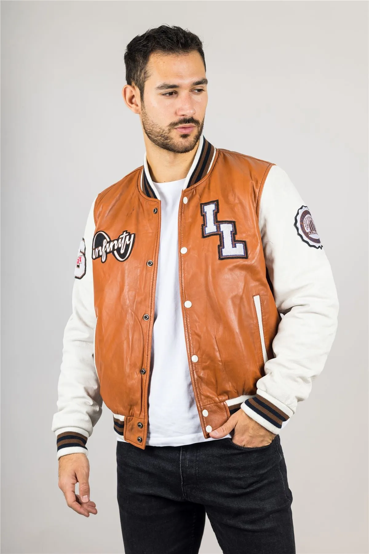 Men's Tan Brown Leather Letterman Bomber Jacket