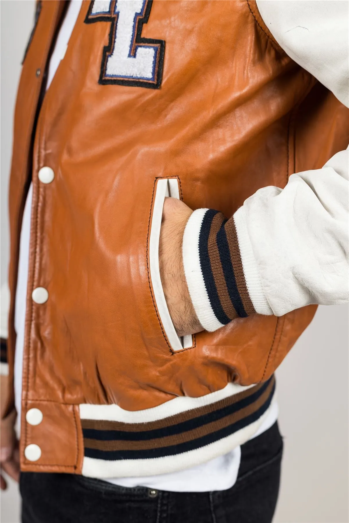 Men's Tan Brown Leather Letterman Bomber Jacket