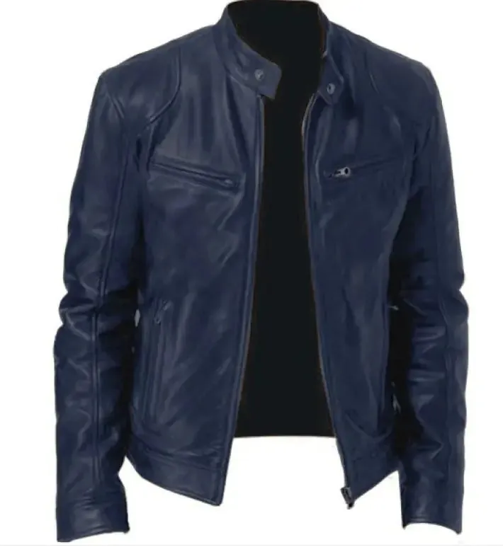 Men's Zip Cardigan PU Leather Jacket Stand Collar^