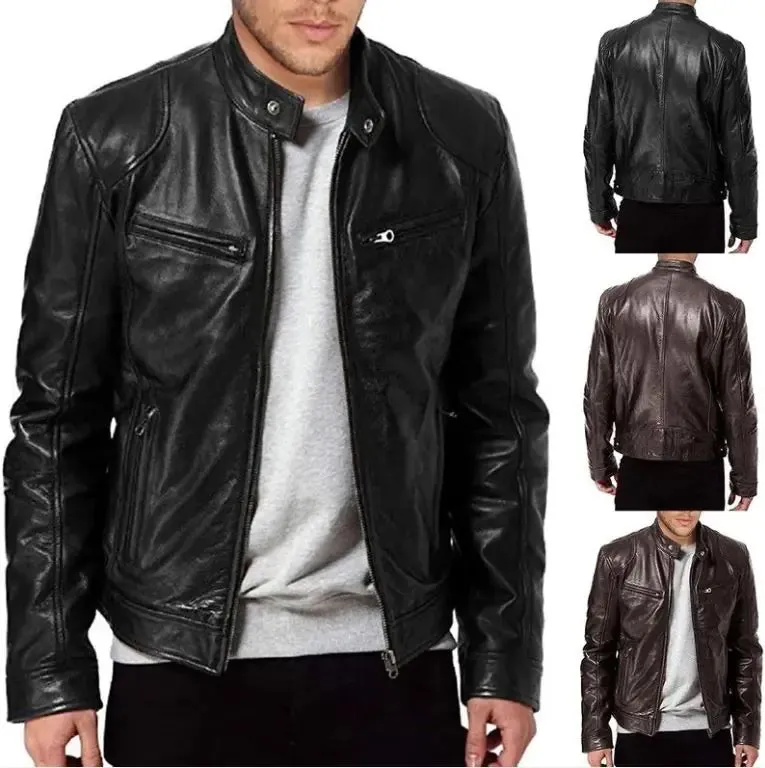 Men's Zip Cardigan PU Leather Jacket Stand Collar^