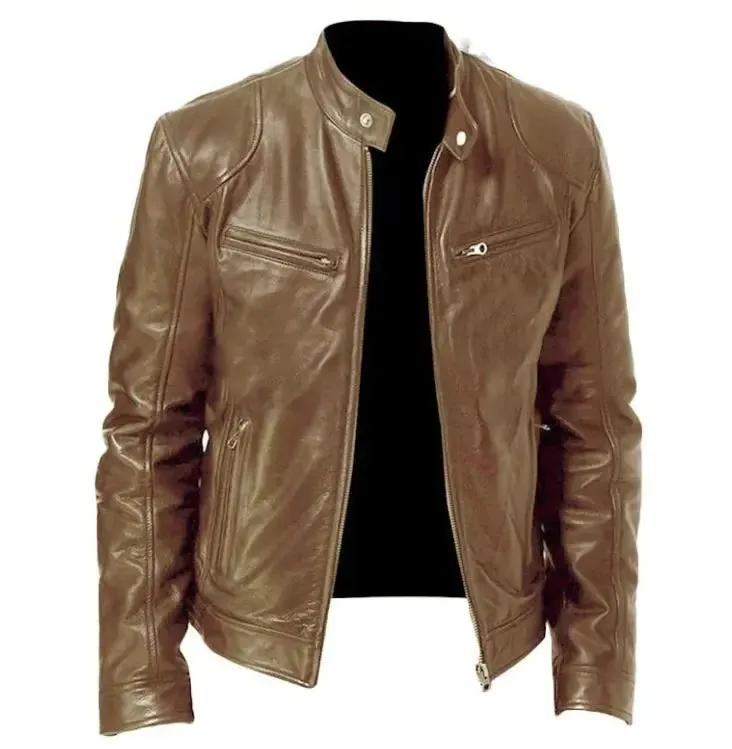 Men's Zip Cardigan PU Leather Jacket Stand Collar^