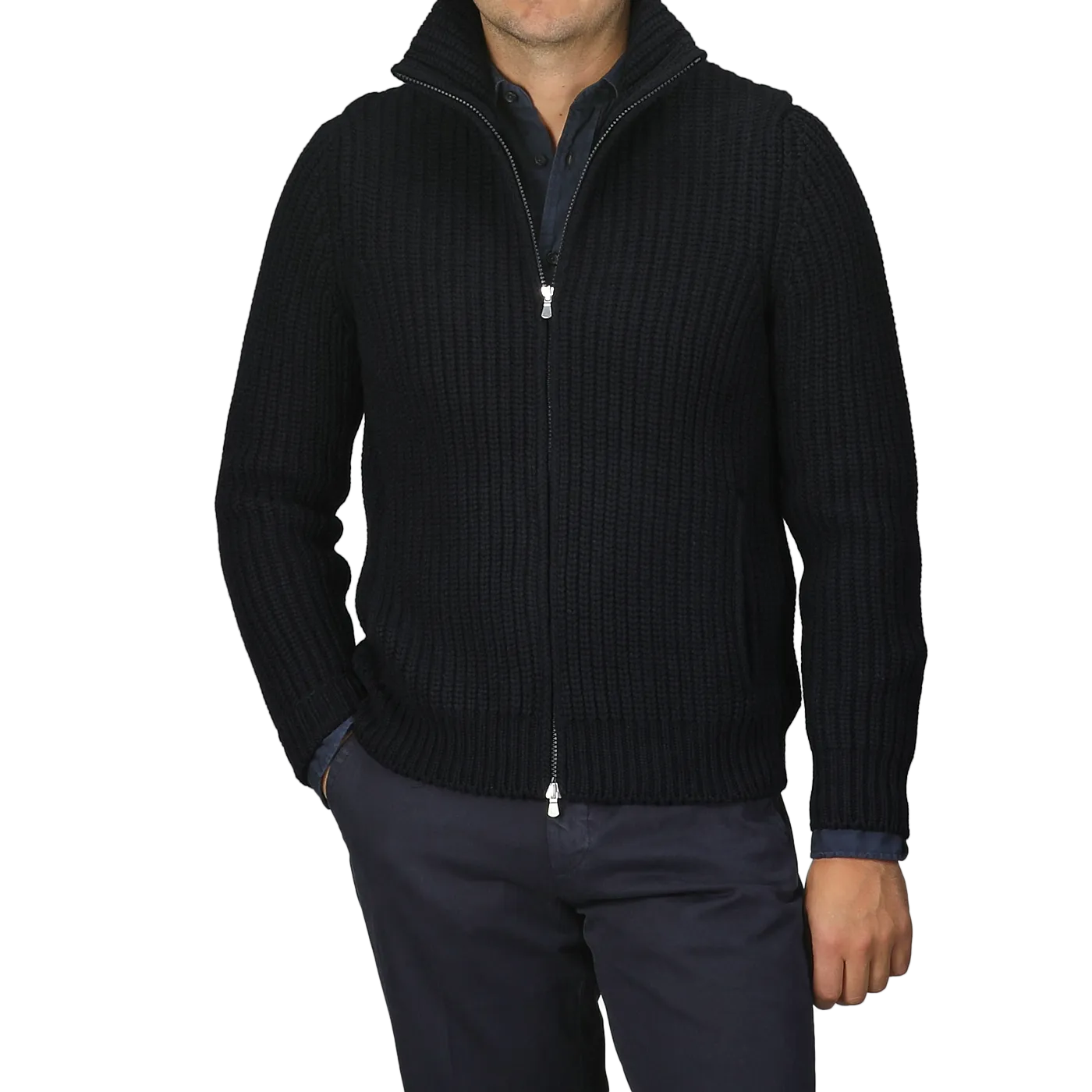 Navy Blue Wool Cashmere Heavy Knit Cardigan