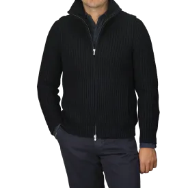 Navy Blue Wool Cashmere Heavy Knit Cardigan