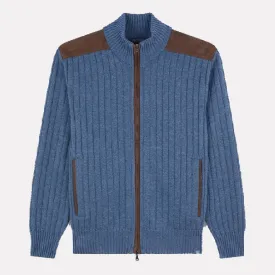 Paul & Shark Wool/Cashmere Full Zip Sweater w/Leather / Mid Blue