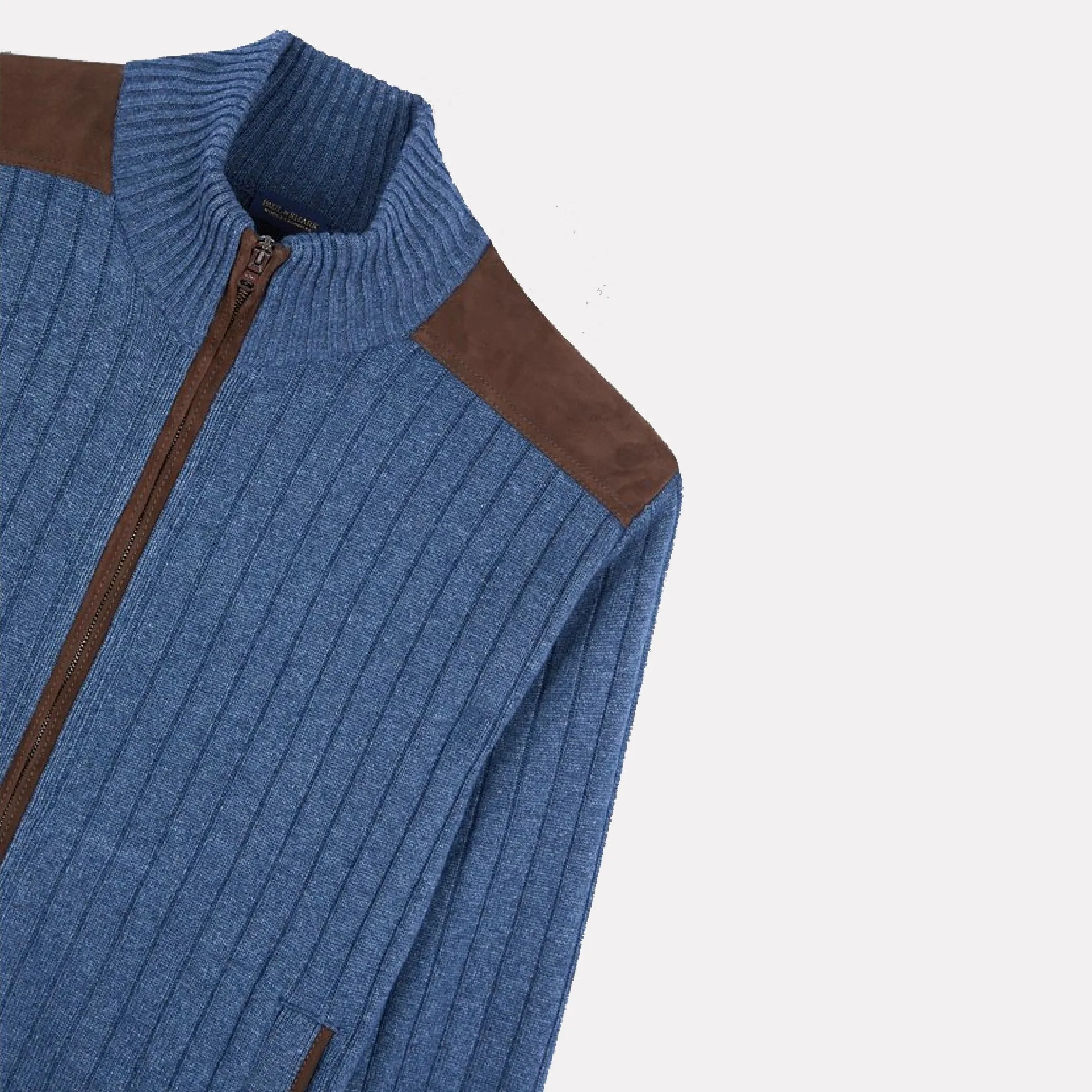 Paul & Shark Wool/Cashmere Full Zip Sweater w/Leather / Mid Blue