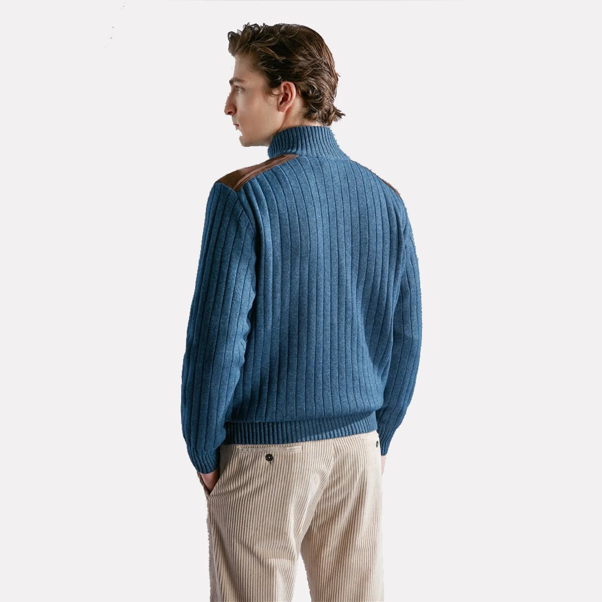 Paul & Shark Wool/Cashmere Full Zip Sweater w/Leather / Mid Blue