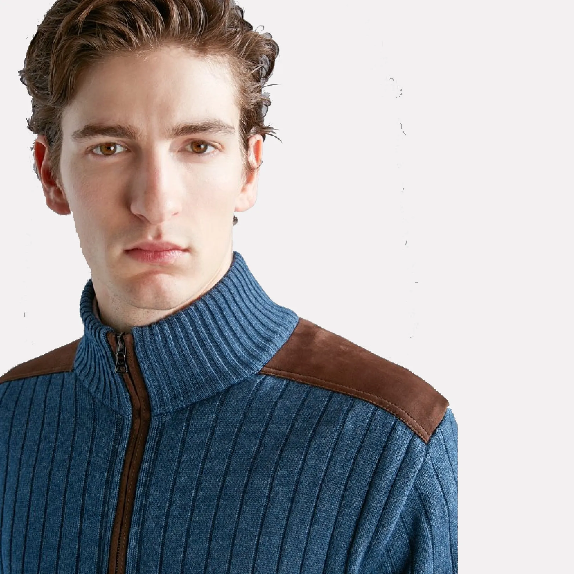 Paul & Shark Wool/Cashmere Full Zip Sweater w/Leather / Mid Blue