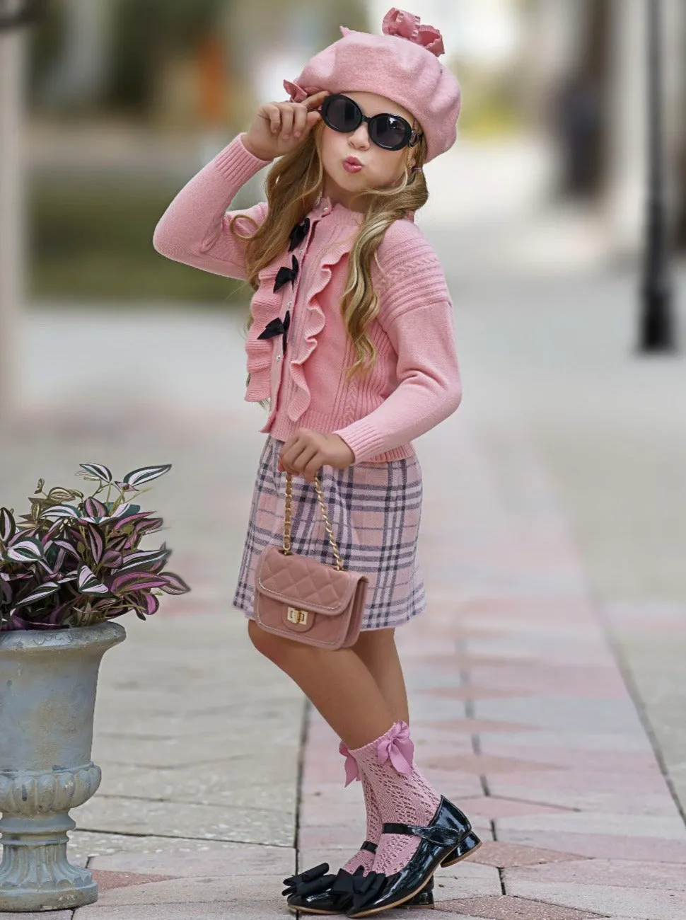 Pearled and Fab Ruffled Cardigan and Plaid Skirt Set