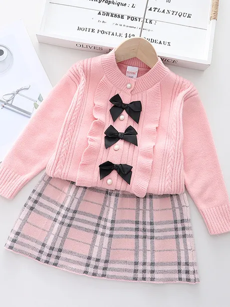 Pearled and Fab Ruffled Cardigan and Plaid Skirt Set