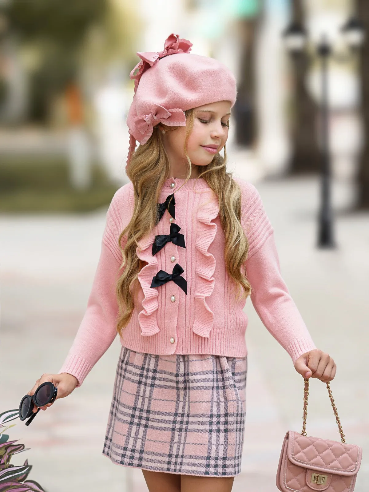 Pearled and Fab Ruffled Cardigan and Plaid Skirt Set