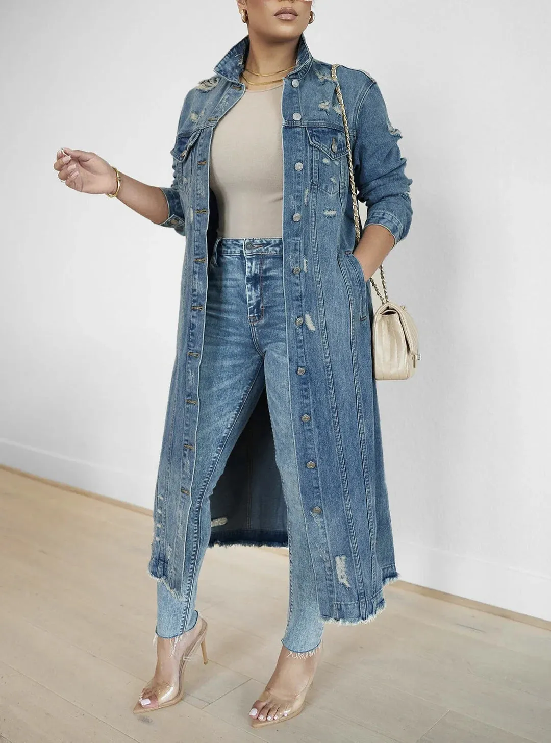 Plus Distressed Denim Long Jacket