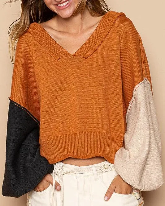 POL 100% cotton Sweater Exposed Seam Roll Edge Orange Color Block V Neck