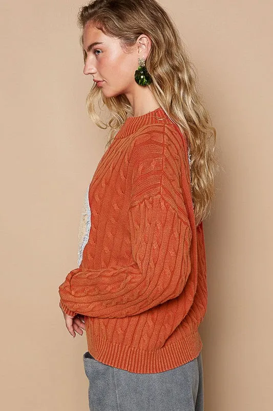 POL Cable-Knit Orange-Red Sweater Peace Patch Half Zip Mock Neck Long Sleeve