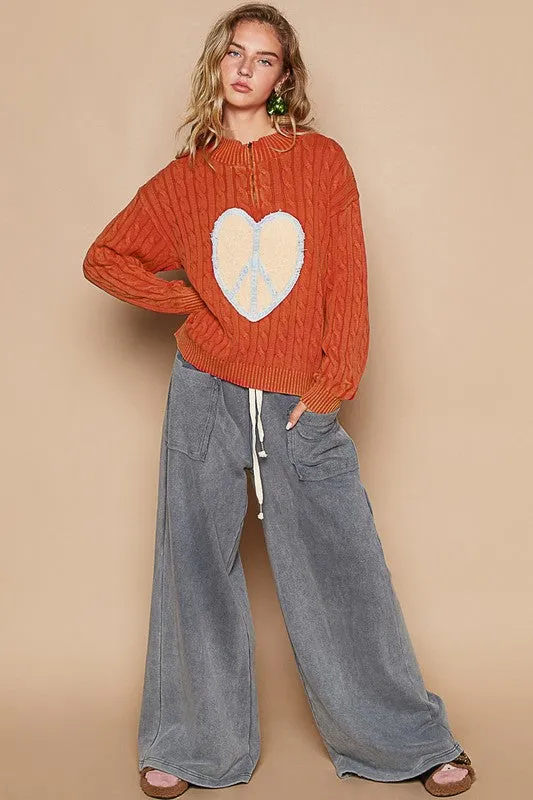 POL Cable-Knit Orange-Red Sweater Peace Patch Half Zip Mock Neck Long Sleeve