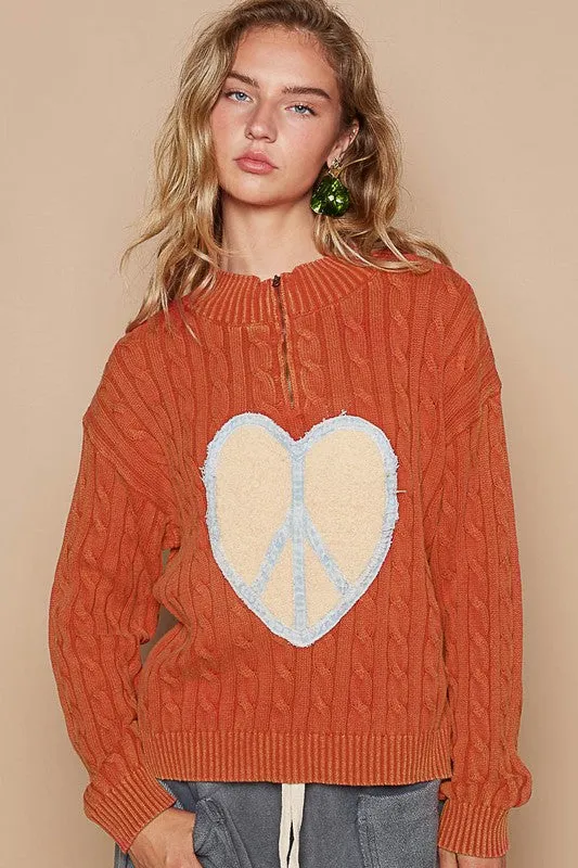 POL Cable-Knit Orange-Red Sweater Peace Patch Half Zip Mock Neck Long Sleeve