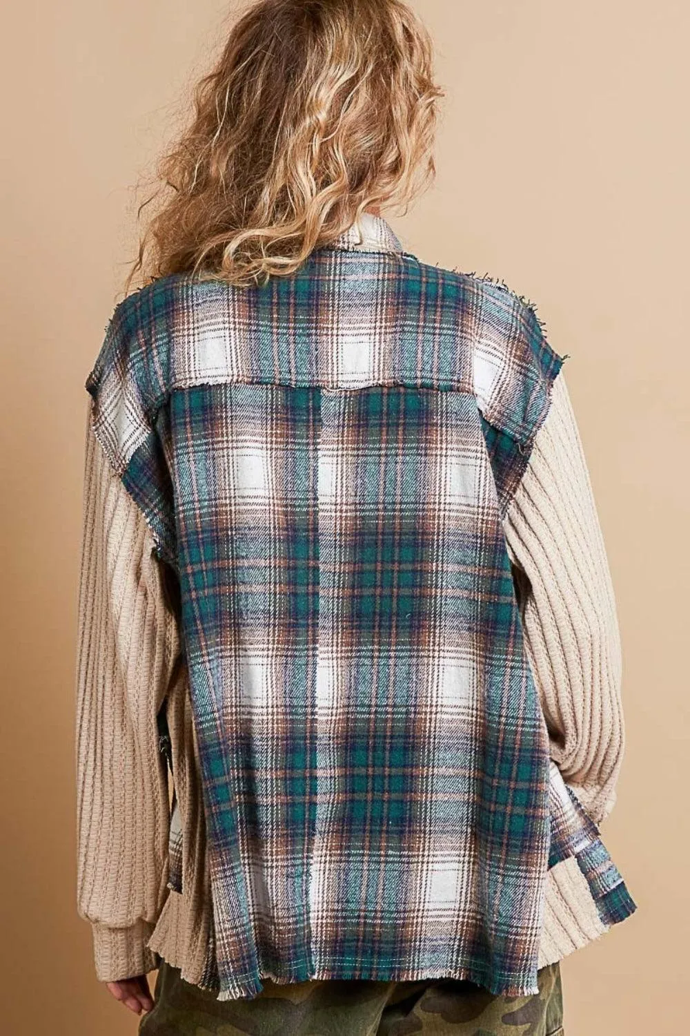 POL Plaid Shacket Contrast Patchwork Knit Long Sleeve Button Down