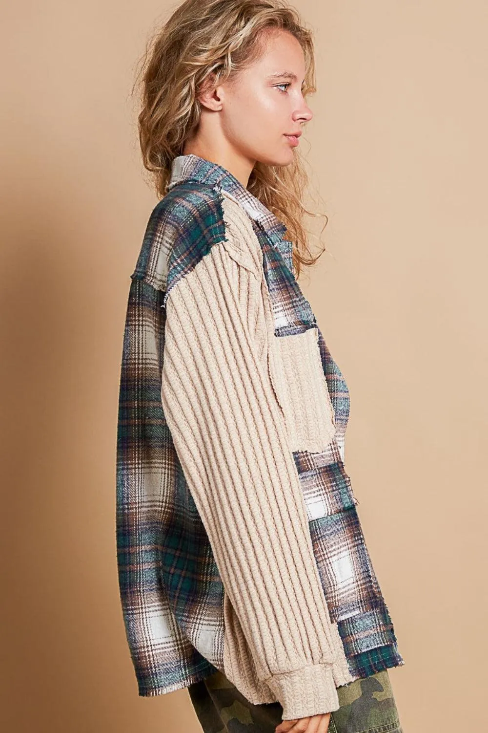 POL Plaid Shacket Contrast Patchwork Knit Long Sleeve Button Down