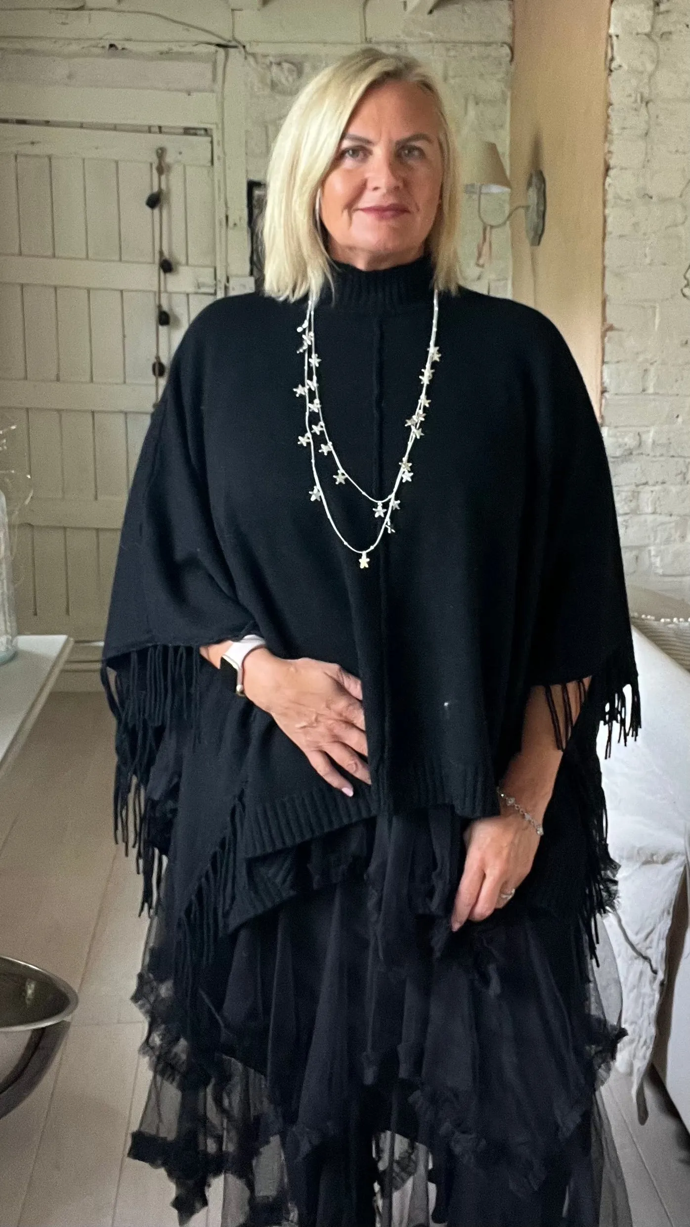 Positano Funnel Neck Open Poncho free size in Black