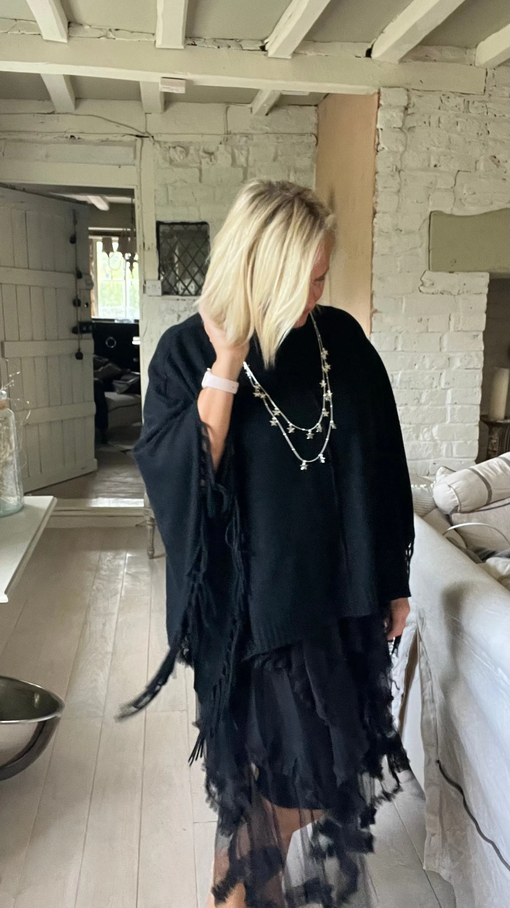 Positano Funnel Neck Open Poncho free size in Black