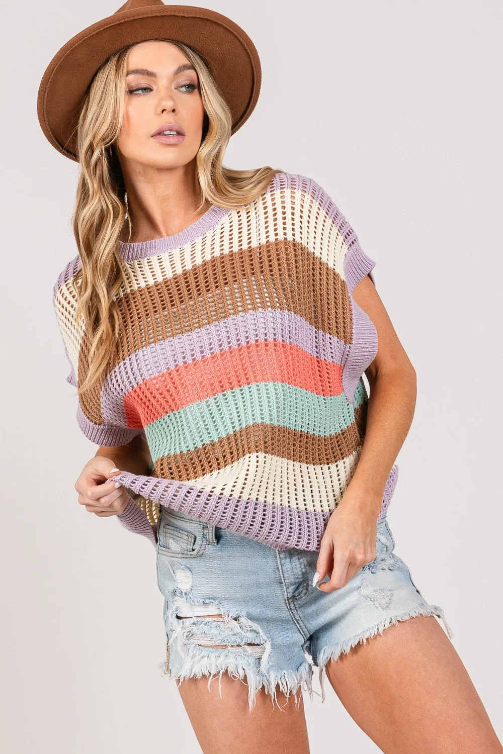 SAGE   FIG Color Block Striped Crochet Sweater