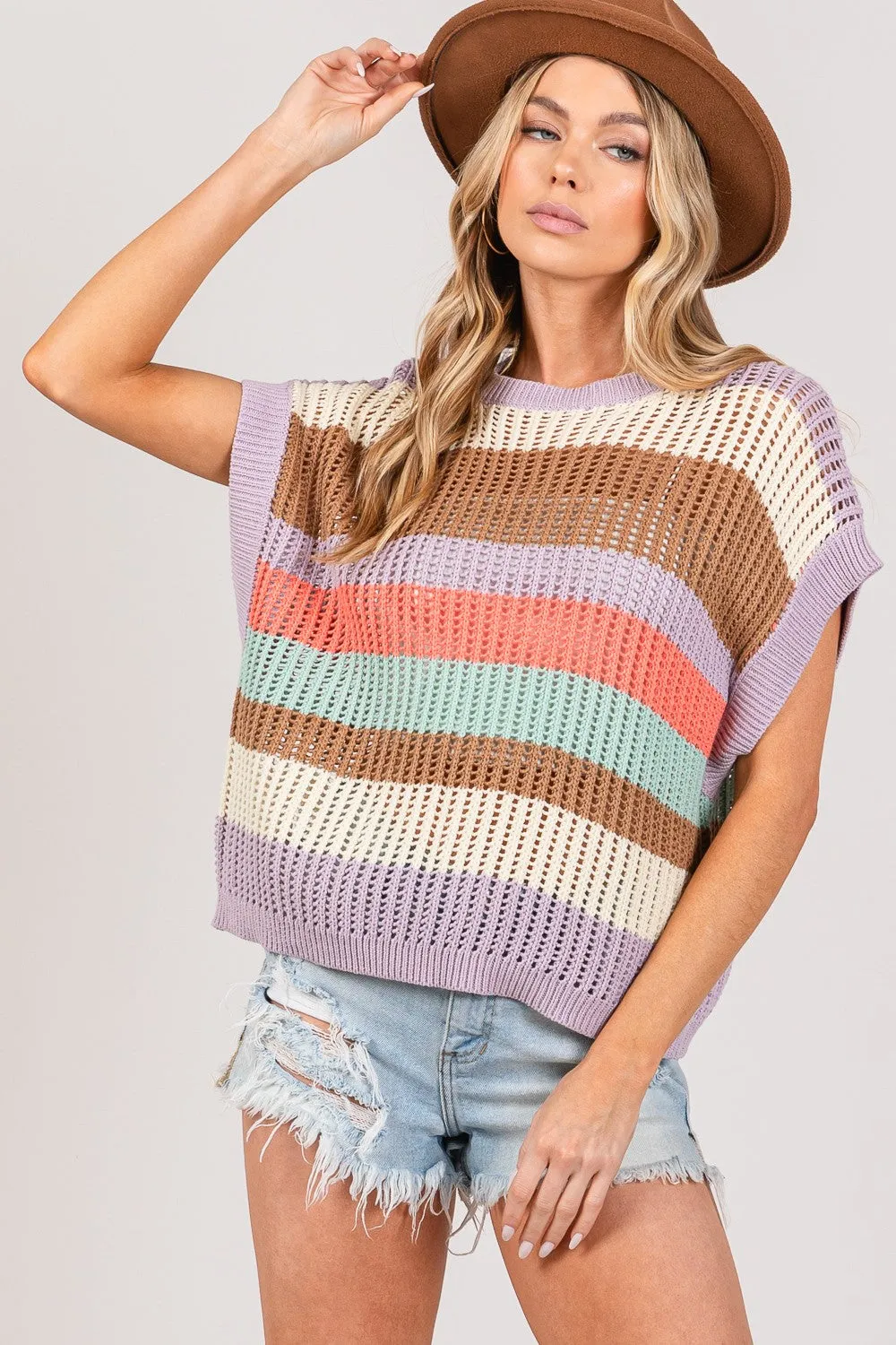 SAGE   FIG Color Block Striped Crochet Sweater