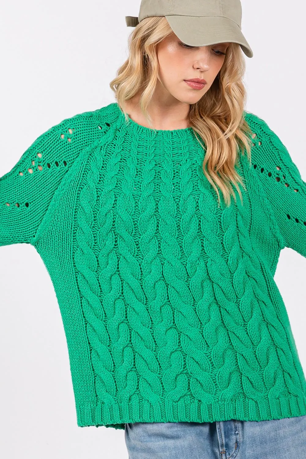 SAGE   FIG Emerald Sweater Cable-Knit Long Sleeve Eyelet Knitwear